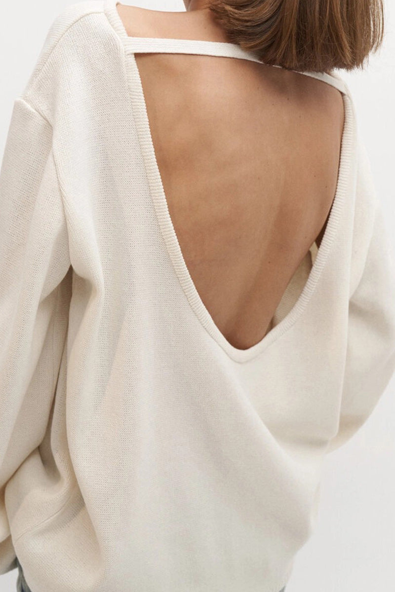 Jersey oversize mujer espalda abierta manga larga cuello redondo hombros caídos - Mireya