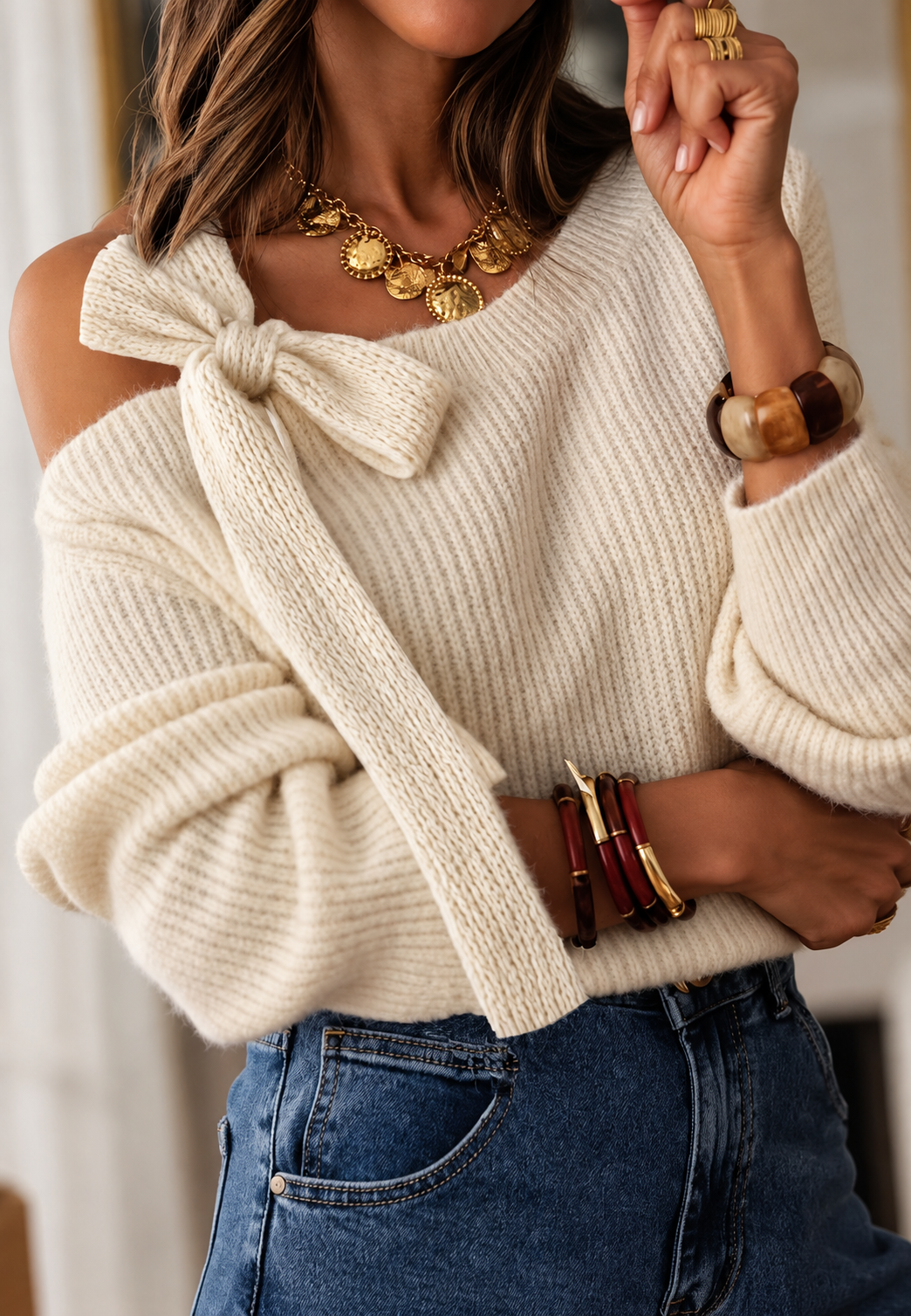 Jersey mujer punto acanalado escote asimétrico hombro descubierto lazo elegante - Lisbet