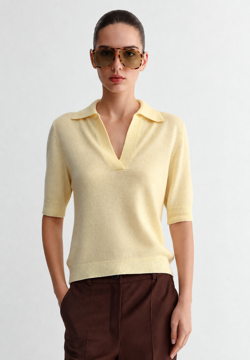 Jersey mujer punto fino cuello polo manga corta escote pico sobrio oficina - Lidia