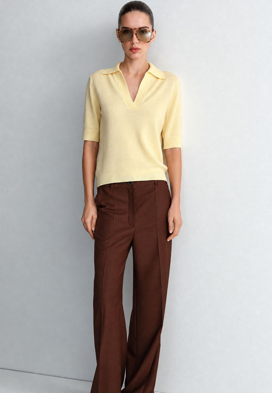Jersey mujer punto fino cuello polo manga corta escote pico sobrio oficina - Lidia