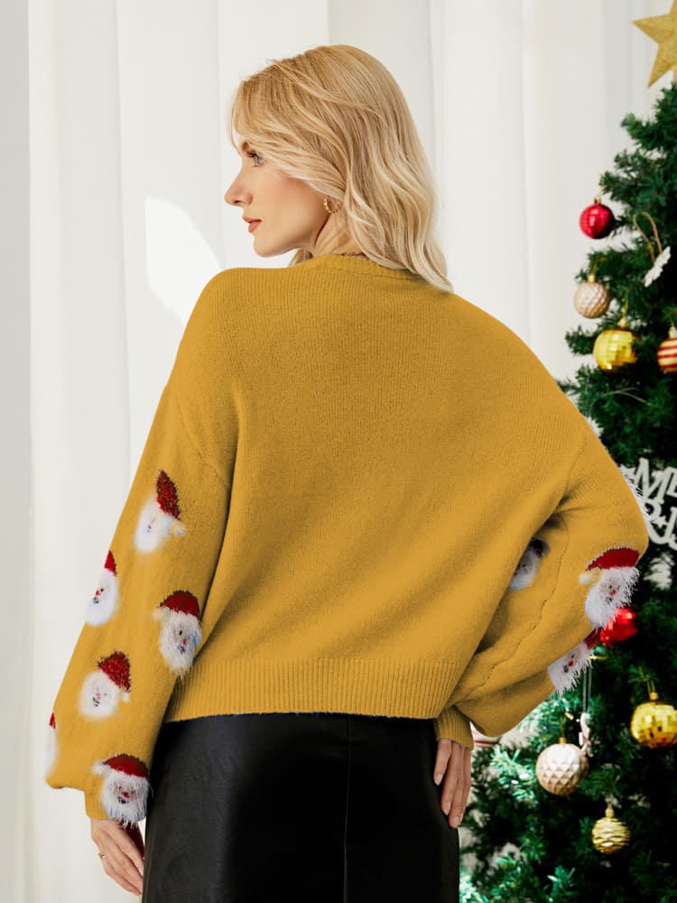 Jersey navideño mujer papá noel manga larga cuello redondo barbas relieve - Narela