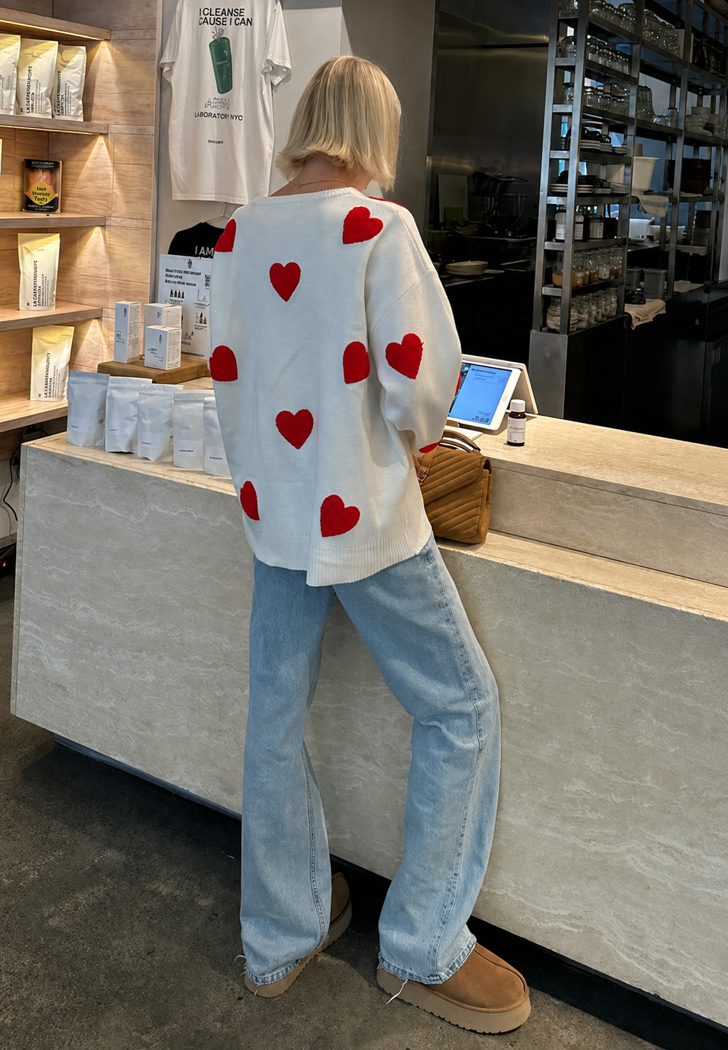 Jersey oversize mujer punto corazones cuello redondo hombros caídos casual - Barissa