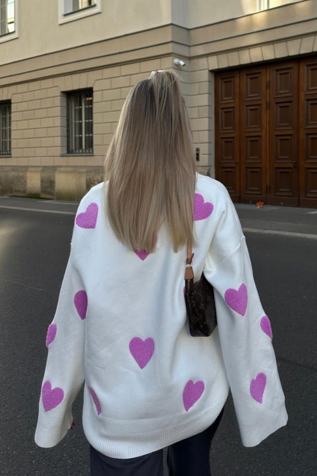 Jersey oversize mujer punto corazones cuello redondo hombros caídos casual - Barissa