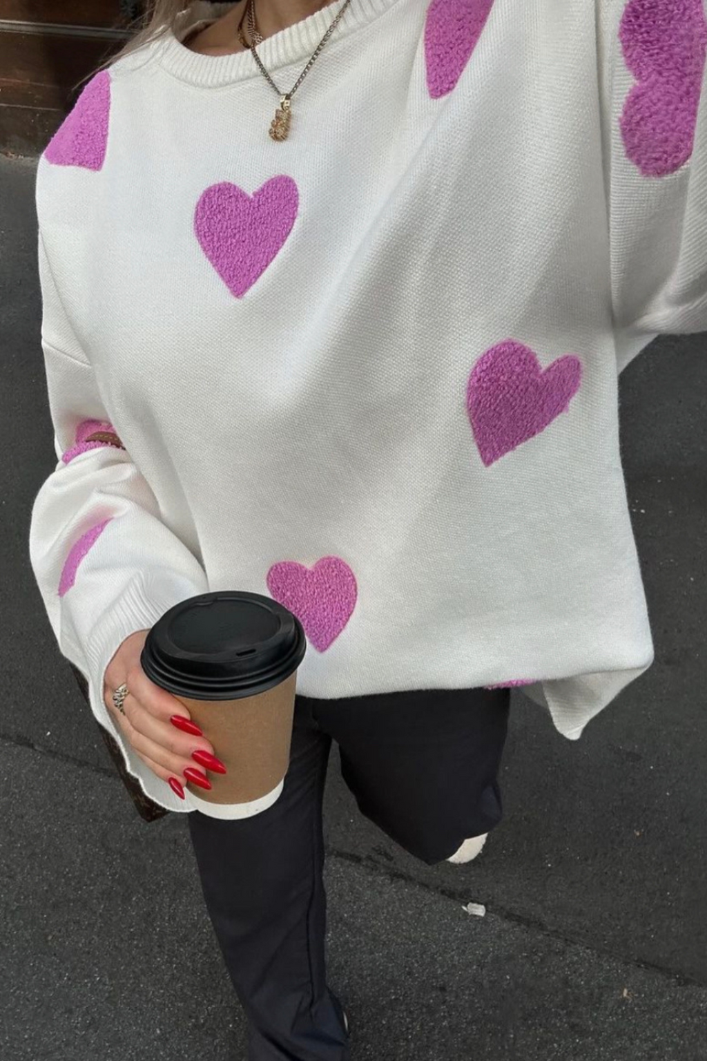 Jersey oversize mujer punto corazones cuello redondo hombros caídos casual - Barissa