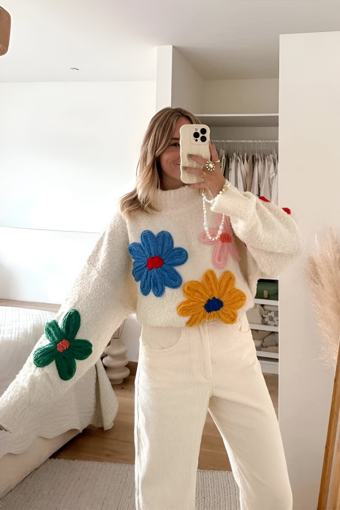 Jersey oversize mujer punto flores relieve cuello redondo hombros caídos - Artelia