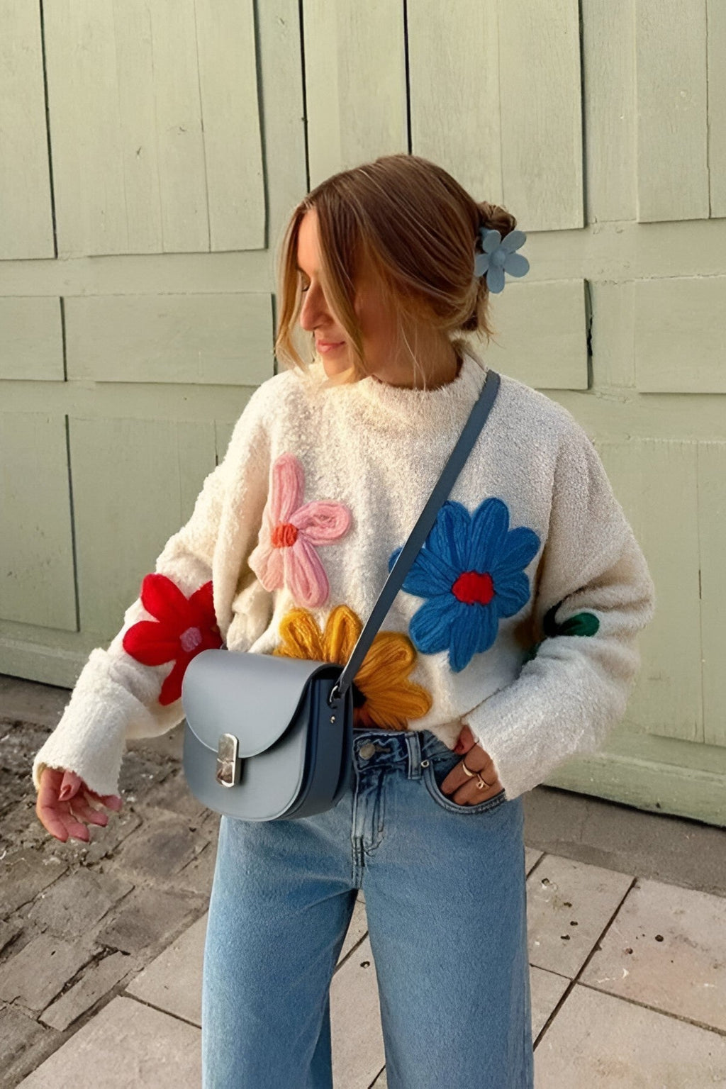 Jersey oversize mujer punto flores relieve cuello redondo hombros caídos - Artelia