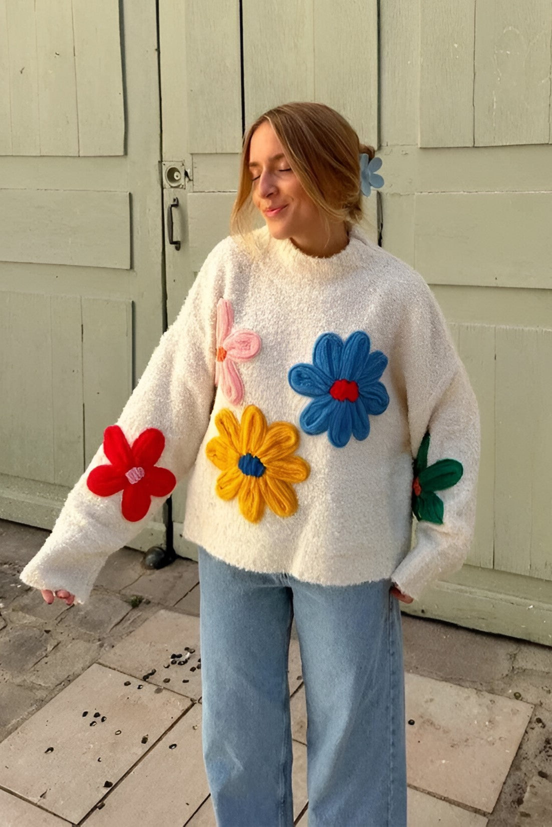 Jersey oversize mujer punto flores relieve cuello redondo hombros caídos - Artelia