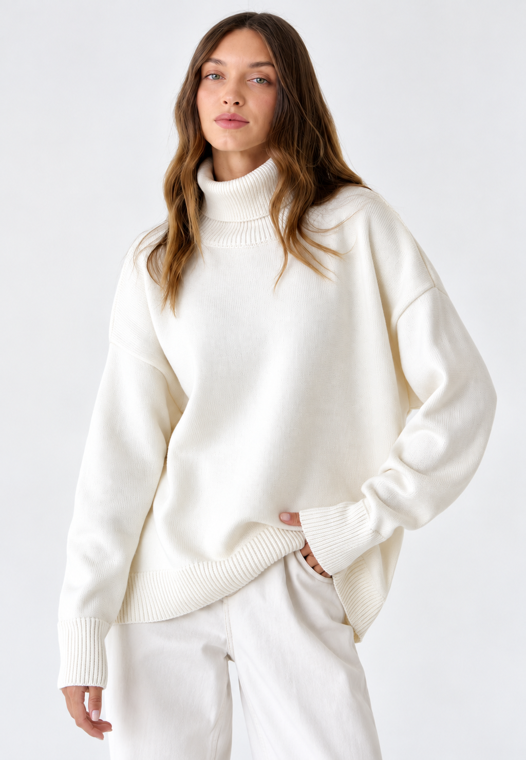Jersey oversize mujer cuello vuelto hombros caídos punto liso amplio invierno - Eirwen