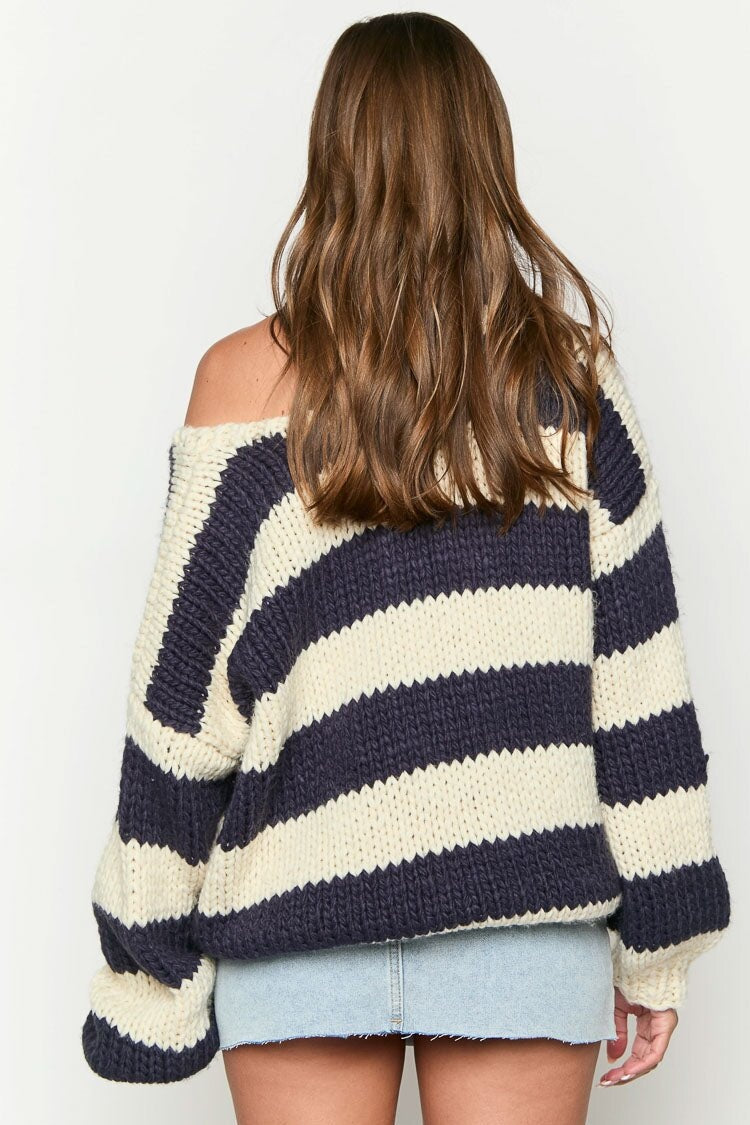Jersey oversize mujer rayas hombros descubiertos punto grueso escote barco - Frida