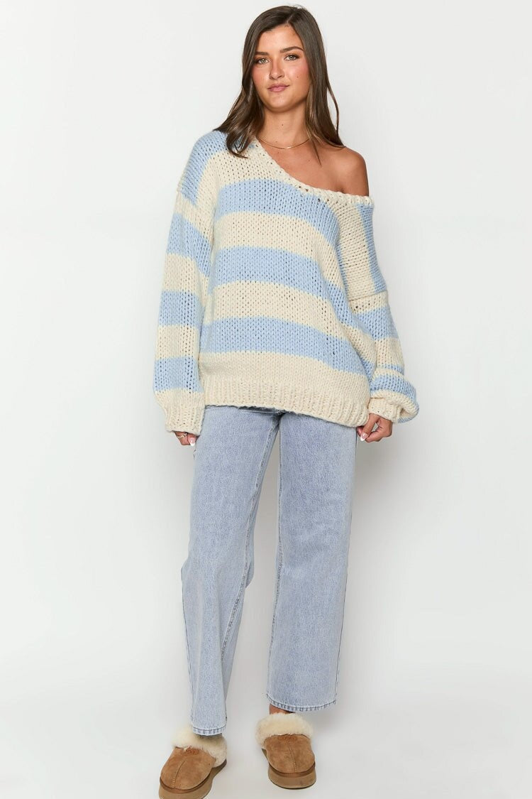 Jersey oversize mujer rayas hombros descubiertos punto grueso escote barco - Frida