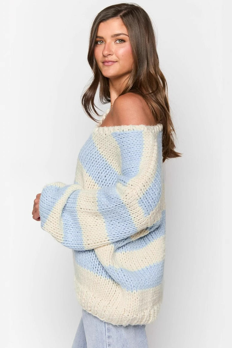 Jersey oversize mujer rayas hombros descubiertos punto grueso escote barco - Frida
