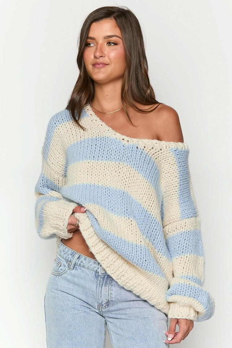 Jersey oversize mujer rayas hombros descubiertos punto grueso escote barco - Frida