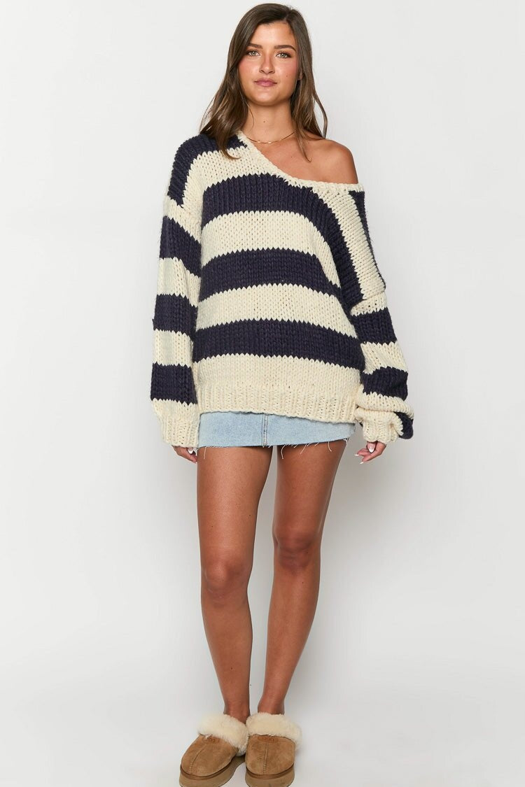 Jersey oversize mujer rayas hombros descubiertos punto grueso escote barco - Frida