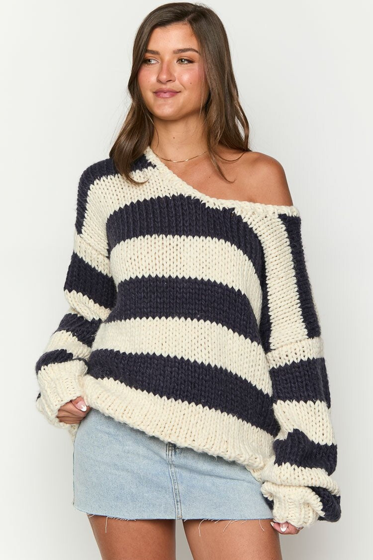 Jersey oversize mujer rayas hombros descubiertos punto grueso escote barco - Frida