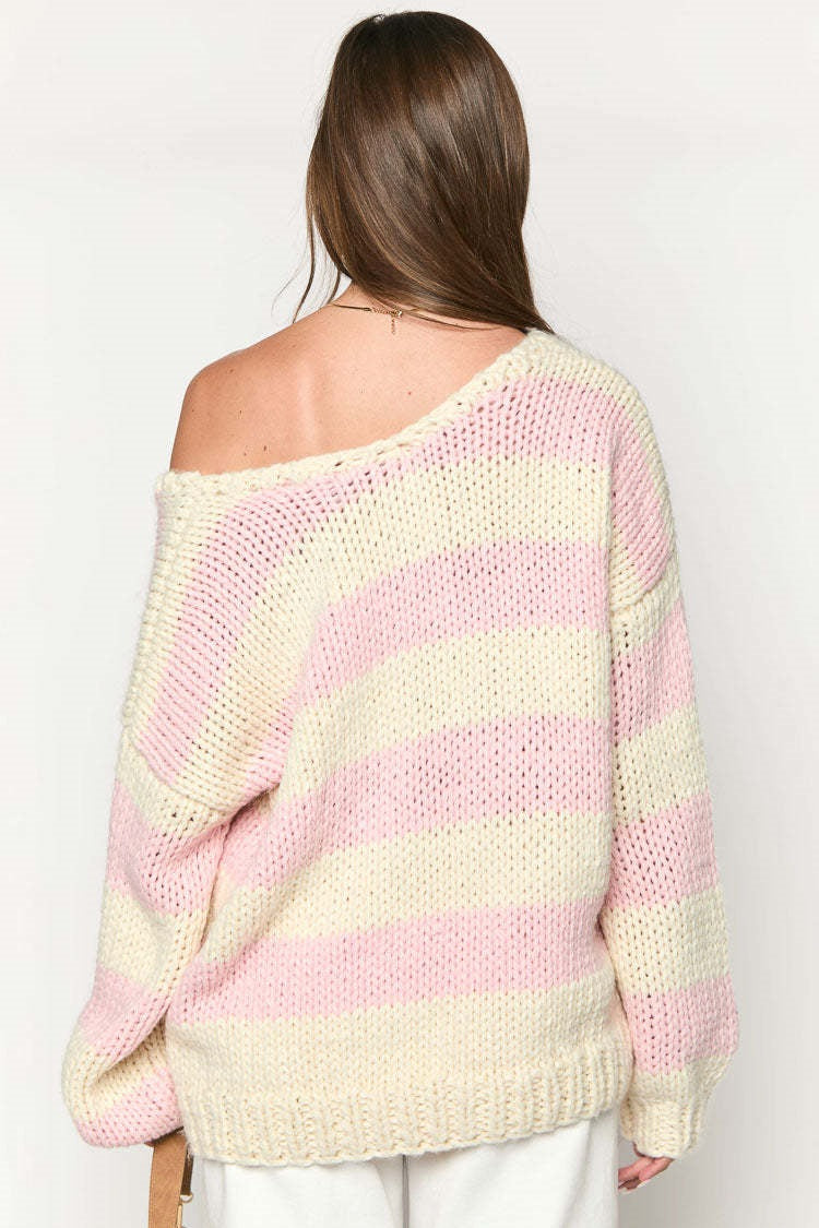 Jersey oversize mujer rayas hombros descubiertos punto grueso escote barco - Frida
