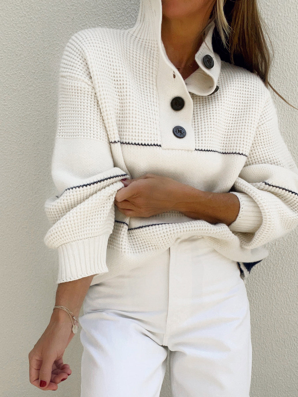 Jersey punto mujer cuello alto abotonado rayas horizontales corte amplio - Nele