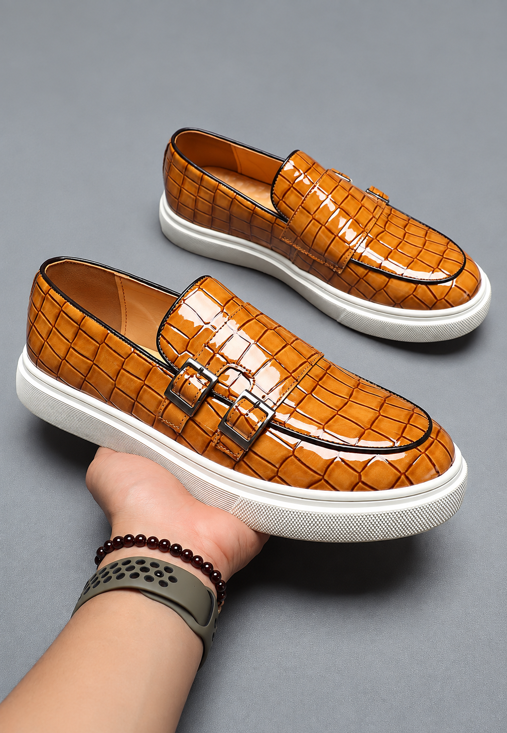 Mocasín hombre efecto cocodrilo doble hebilla suela blanca casual elegante - Torben