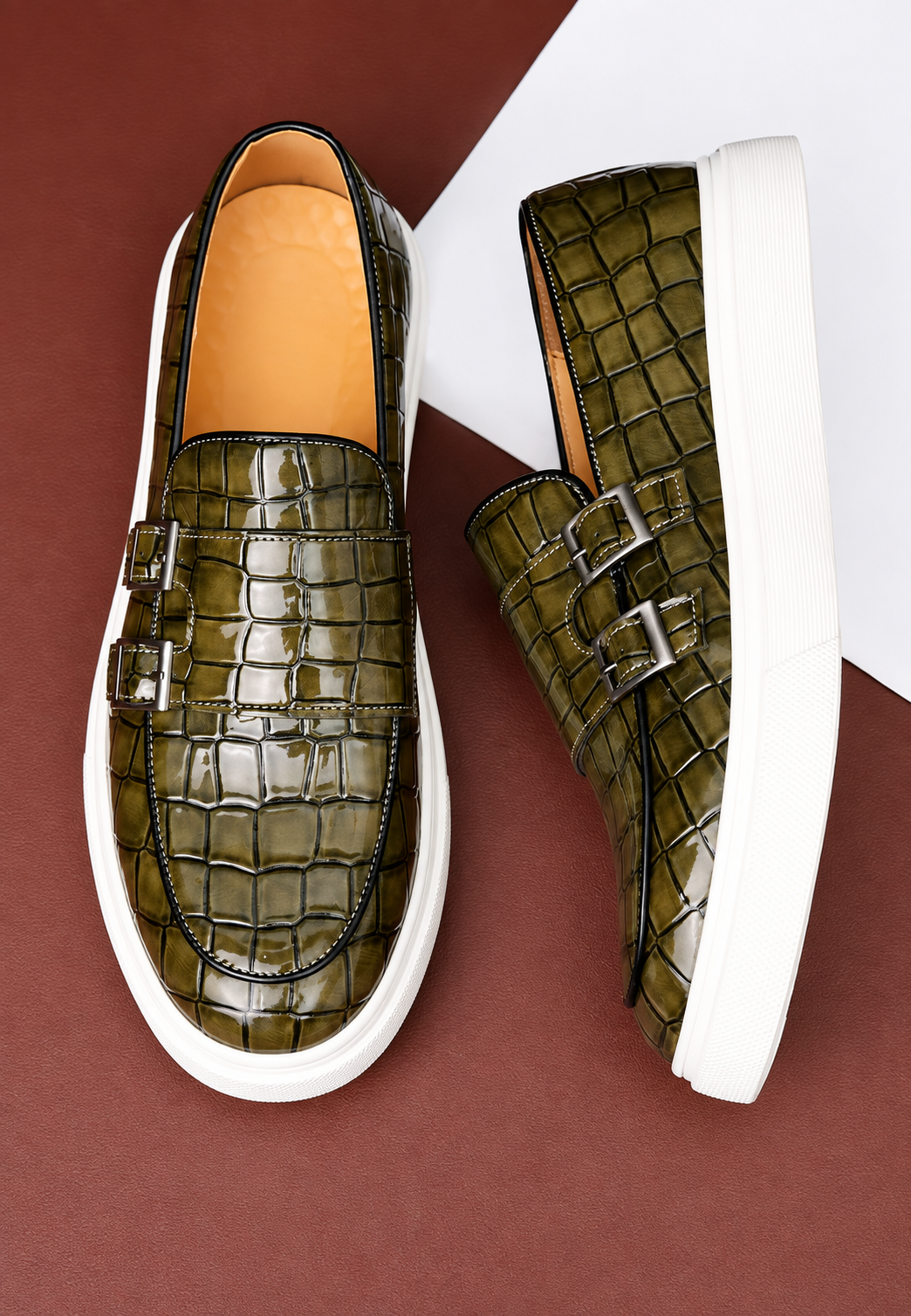 Mocasín hombre efecto cocodrilo doble hebilla suela blanca casual elegante - Torben