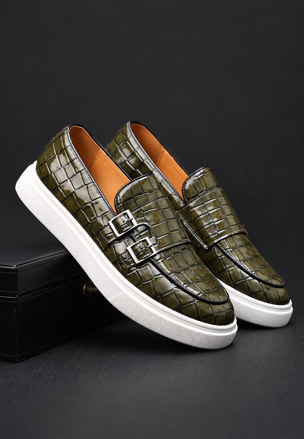 Mocasín hombre efecto cocodrilo doble hebilla suela blanca casual elegante - Torben
