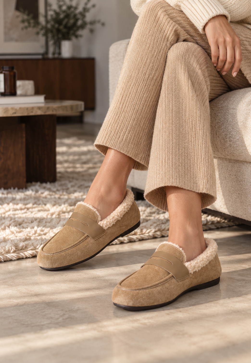 Mocasín mujer efecto ante interior borreguito suela plana cálido otoño invierno - Naira