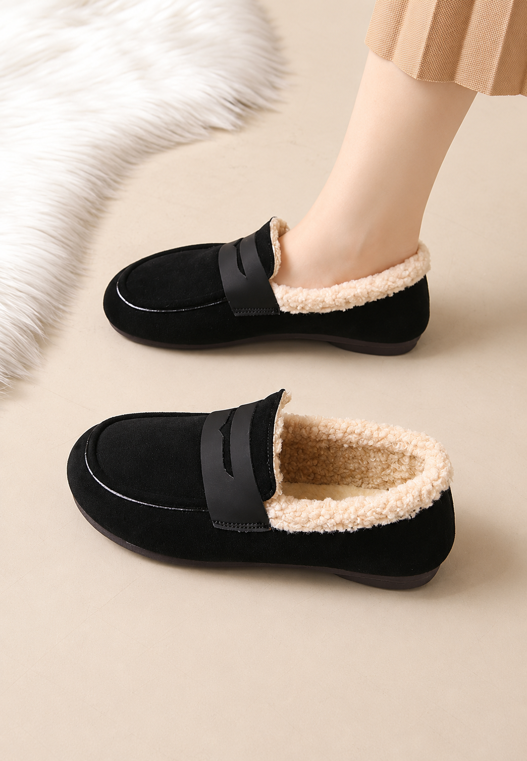 Mocasín mujer efecto ante interior borreguito suela plana cálido otoño invierno - Naira