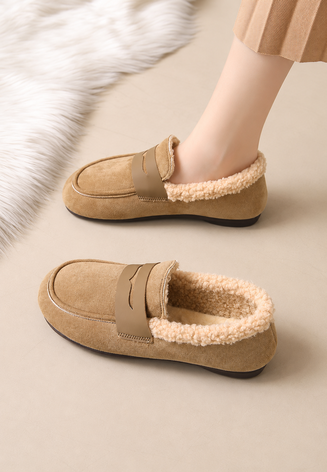 Mocasín mujer efecto ante interior borreguito suela plana cálido otoño invierno - Naira
