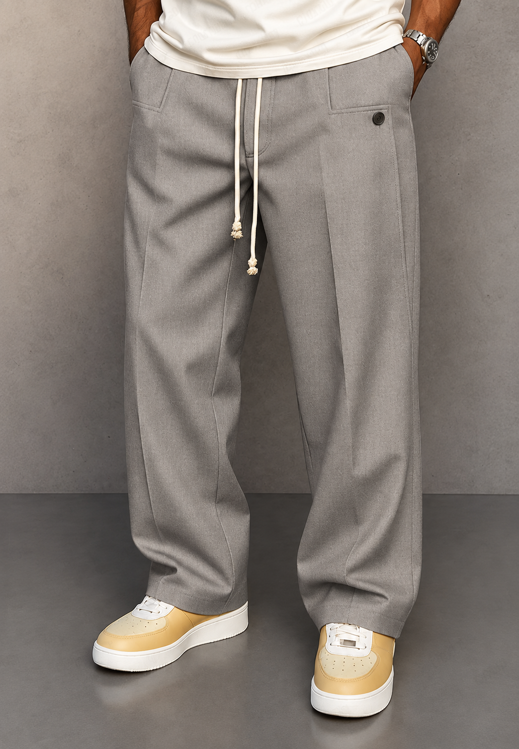 Pantalón hombre wide leg pinzas cintura ajustable caída amplia tendencia - Tavon