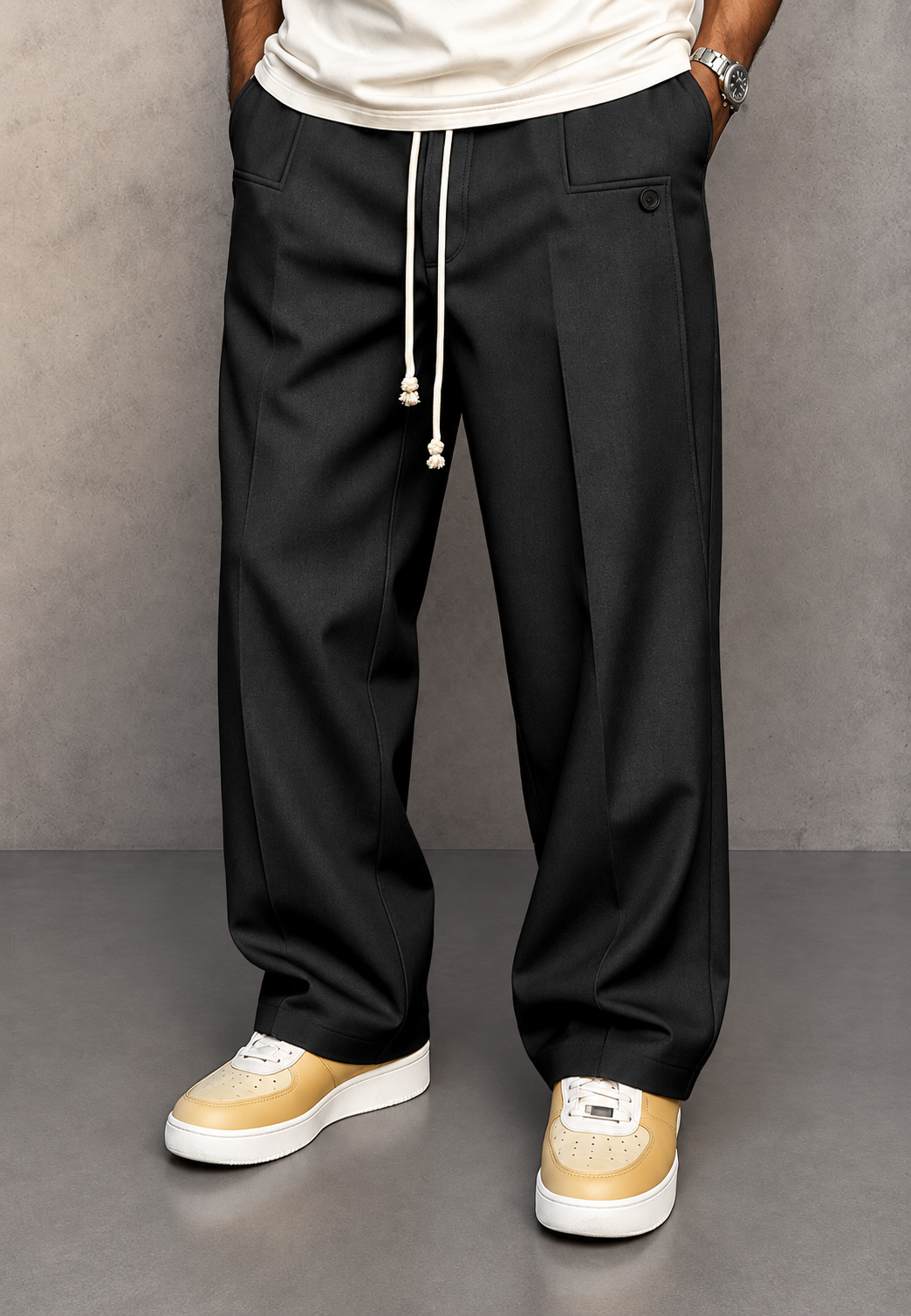Pantalón hombre wide leg pinzas cintura ajustable caída amplia tendencia - Tavon