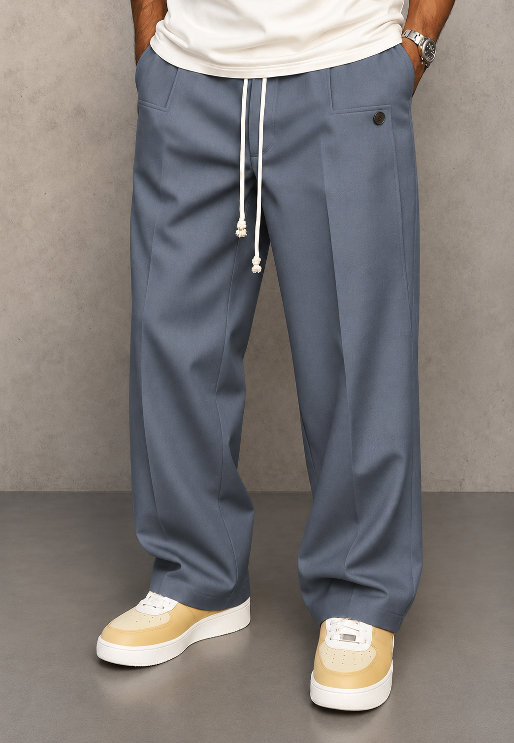 Pantalón hombre wide leg pinzas cintura ajustable caída amplia tendencia - Tavon