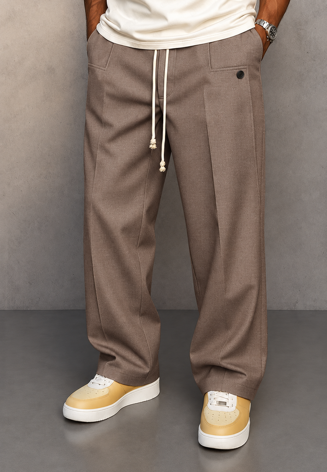 Pantalón hombre wide leg pinzas cintura ajustable caída amplia tendencia - Tavon