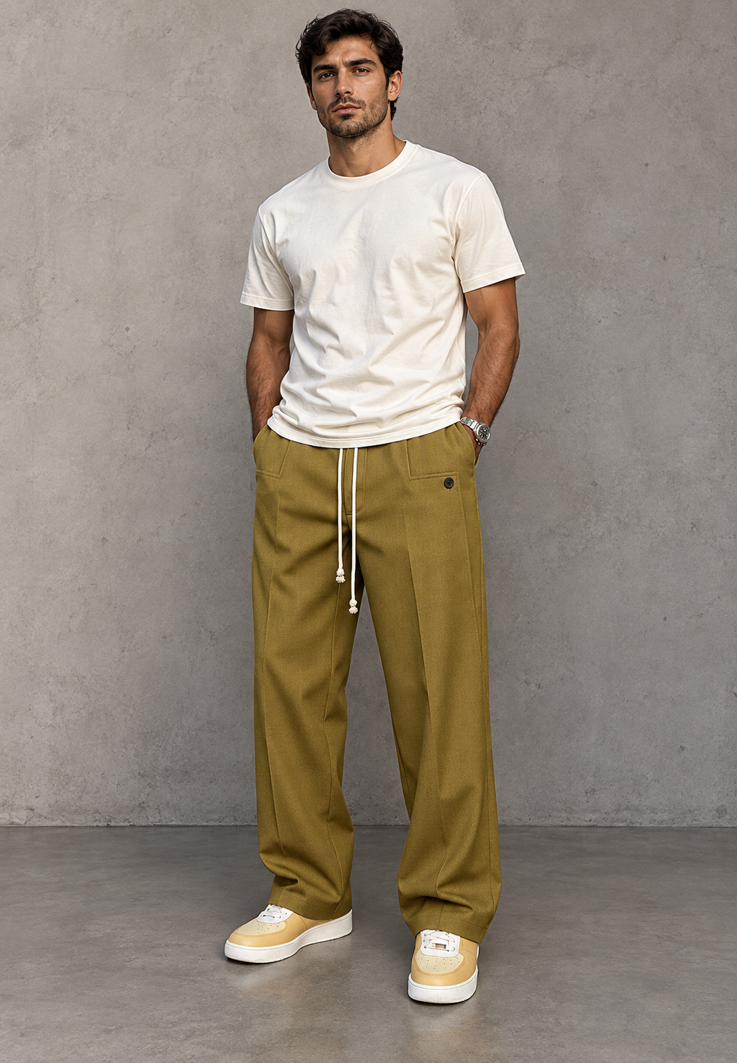 Pantalón hombre wide leg pinzas cintura ajustable caída amplia tendencia - Tavon