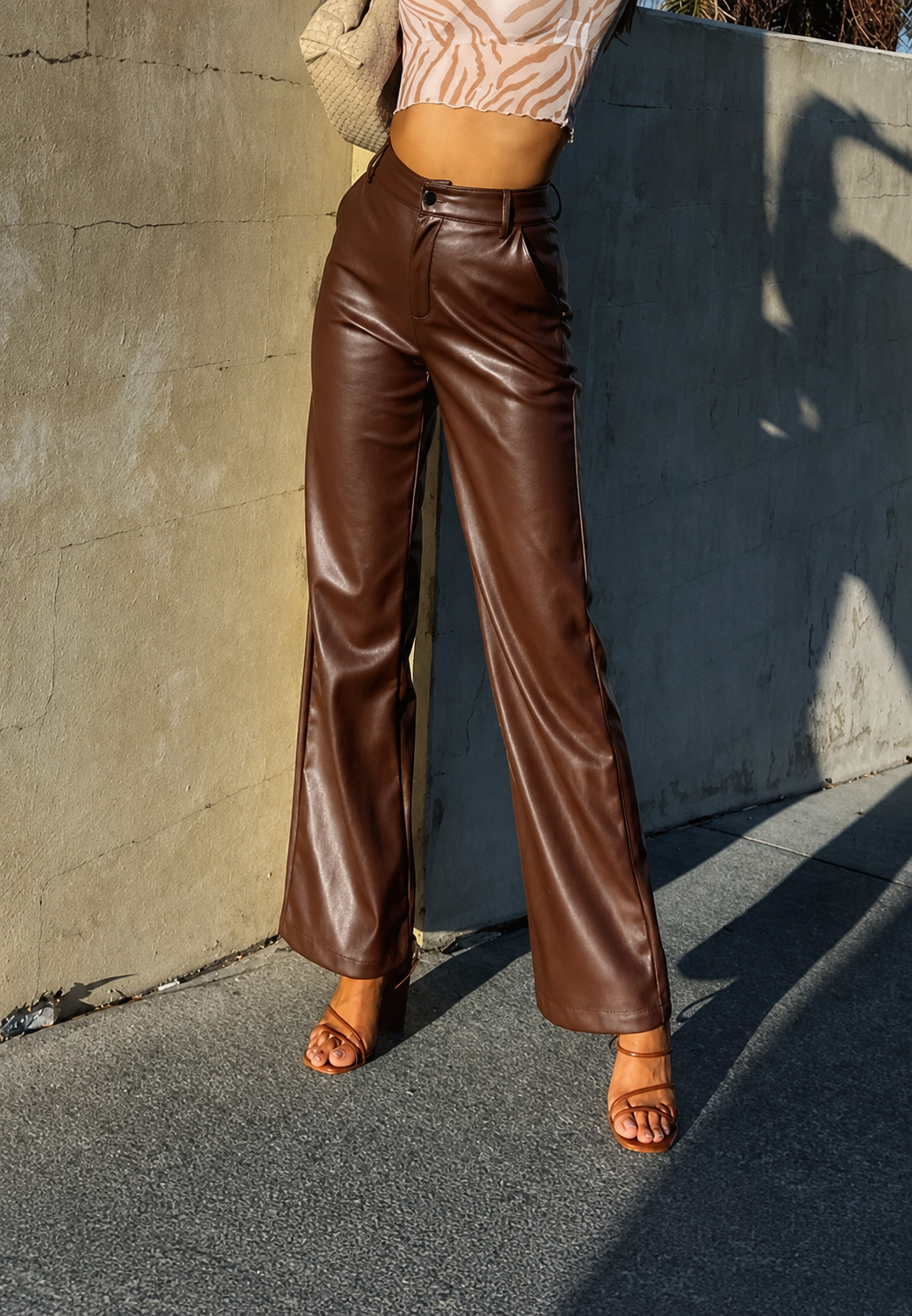 Pantalón mujer efecto piel recto tiro alto elegante versátil otoño invierno - Amandine