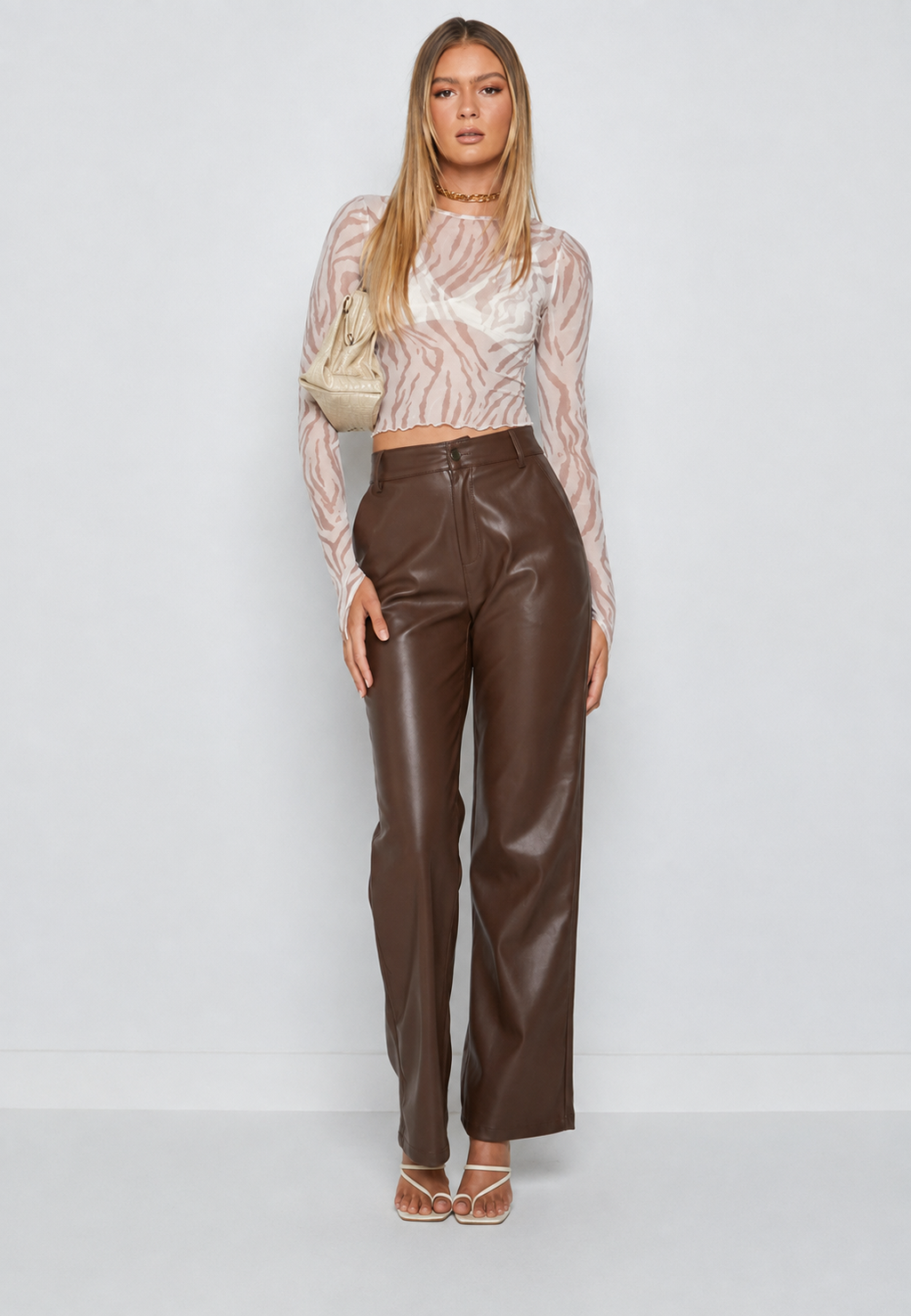 Pantalón mujer efecto piel recto tiro alto elegante versátil otoño invierno - Amandine
