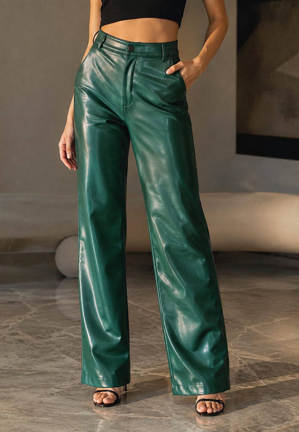 Pantalón mujer efecto piel recto tiro alto elegante versátil otoño invierno - Amandine