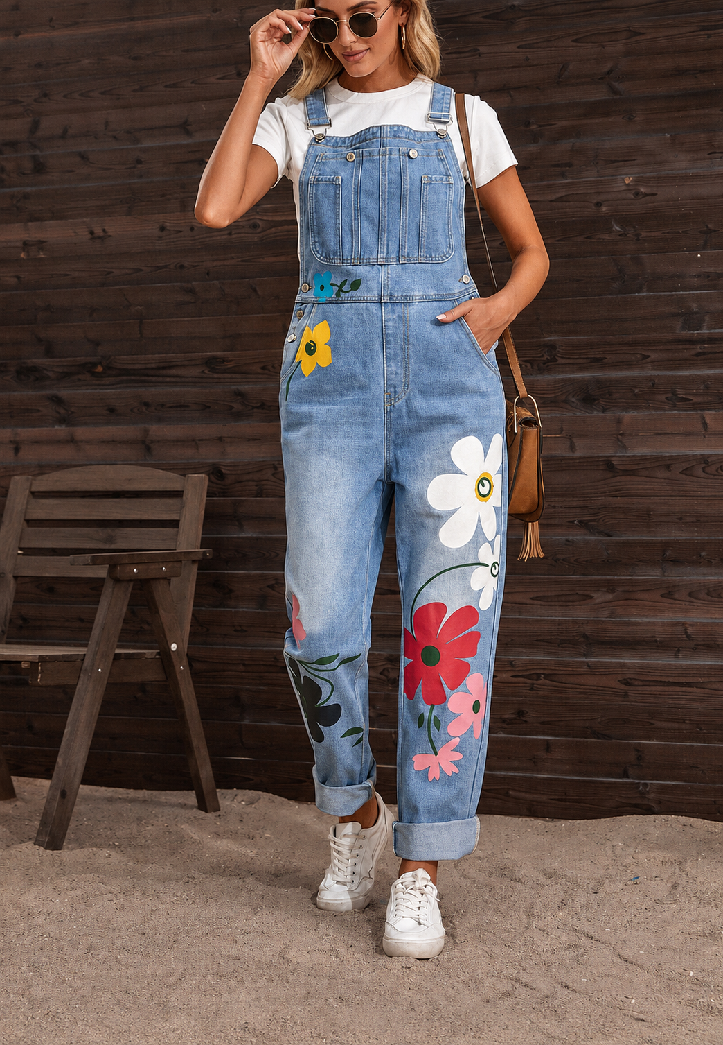 Peto denim mujer tirantes ajustables floral gran tamaño perneras amplias - Wendy