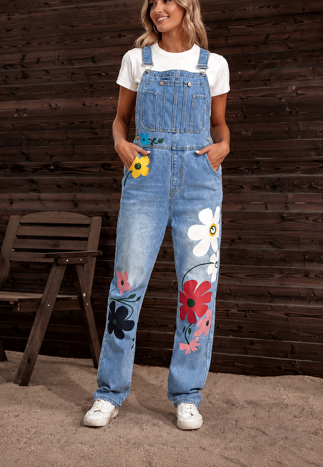 Peto denim mujer tirantes ajustables floral gran tamaño perneras amplias - Wendy