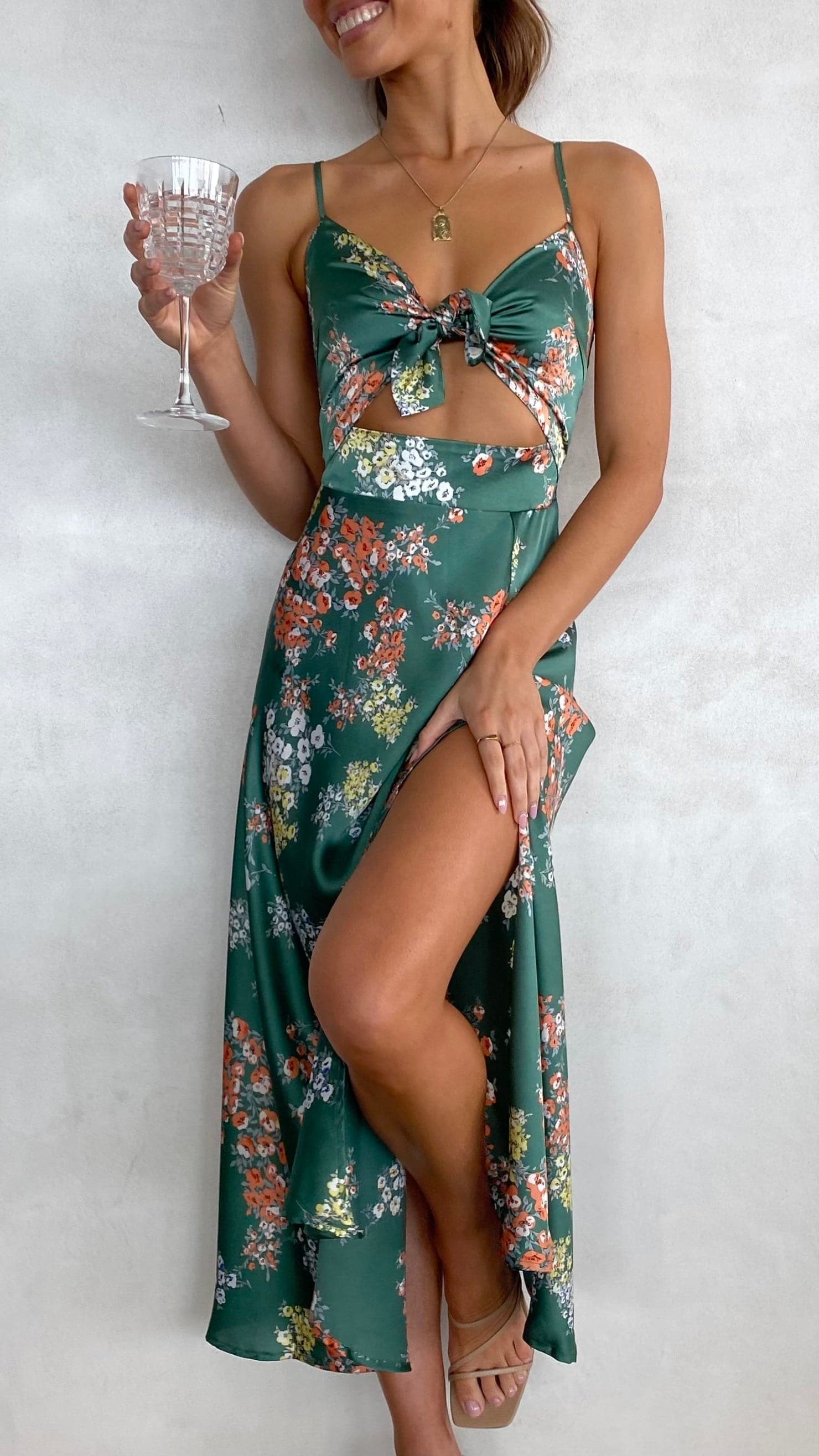 Vestido midi floral mujer escote anudado tirantes regulables cintura ajustada - Loisa