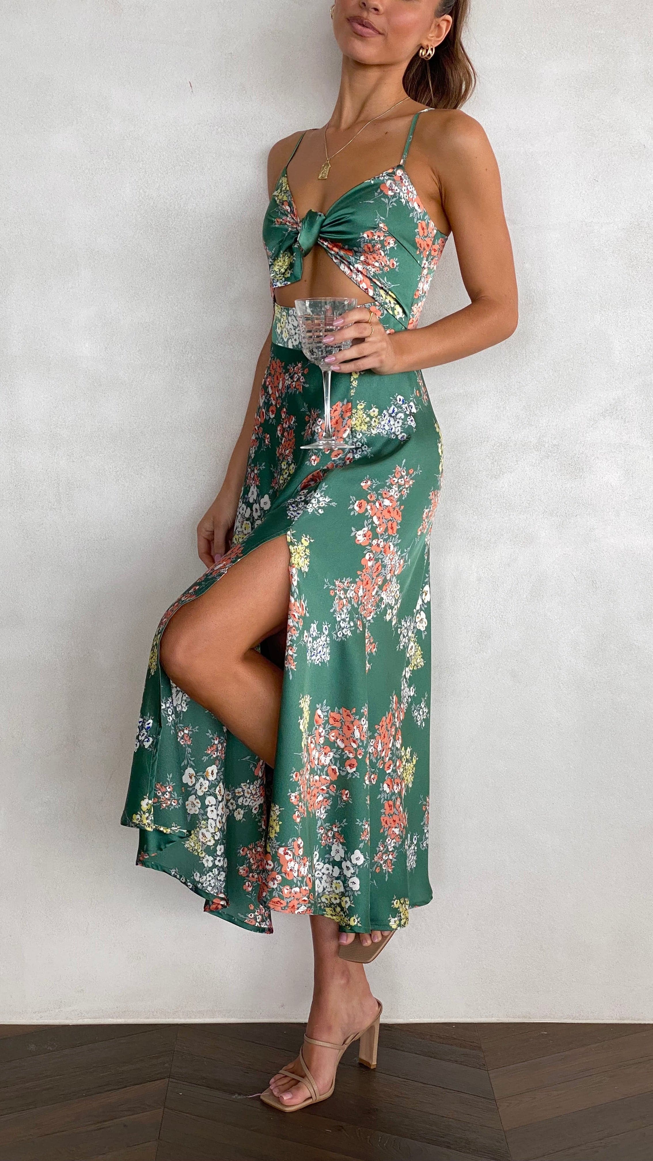 Vestido midi floral mujer escote anudado tirantes regulables cintura ajustada - Loisa