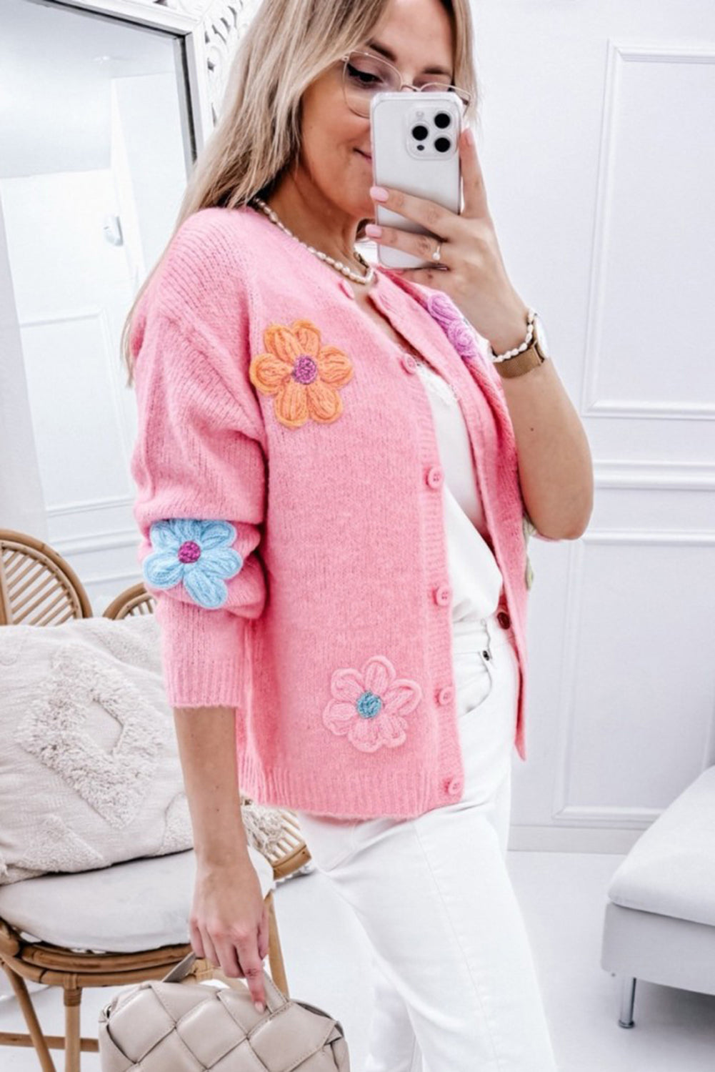 Arielle - Precioso cárdigan tricotado floral con botonadura