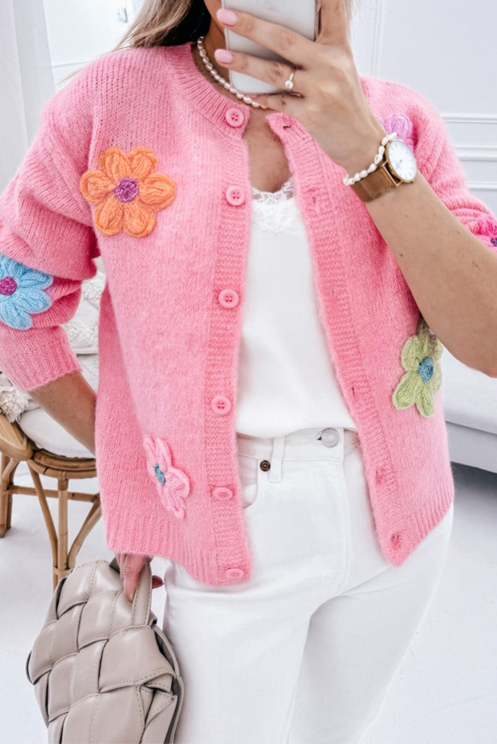 Arielle - Precioso cárdigan tricotado floral con botonadura
