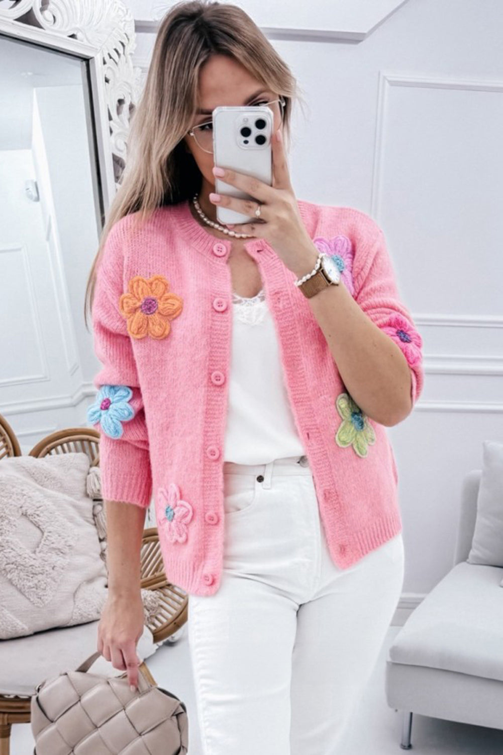 Arielle - Precioso cárdigan tricotado floral con botonadura