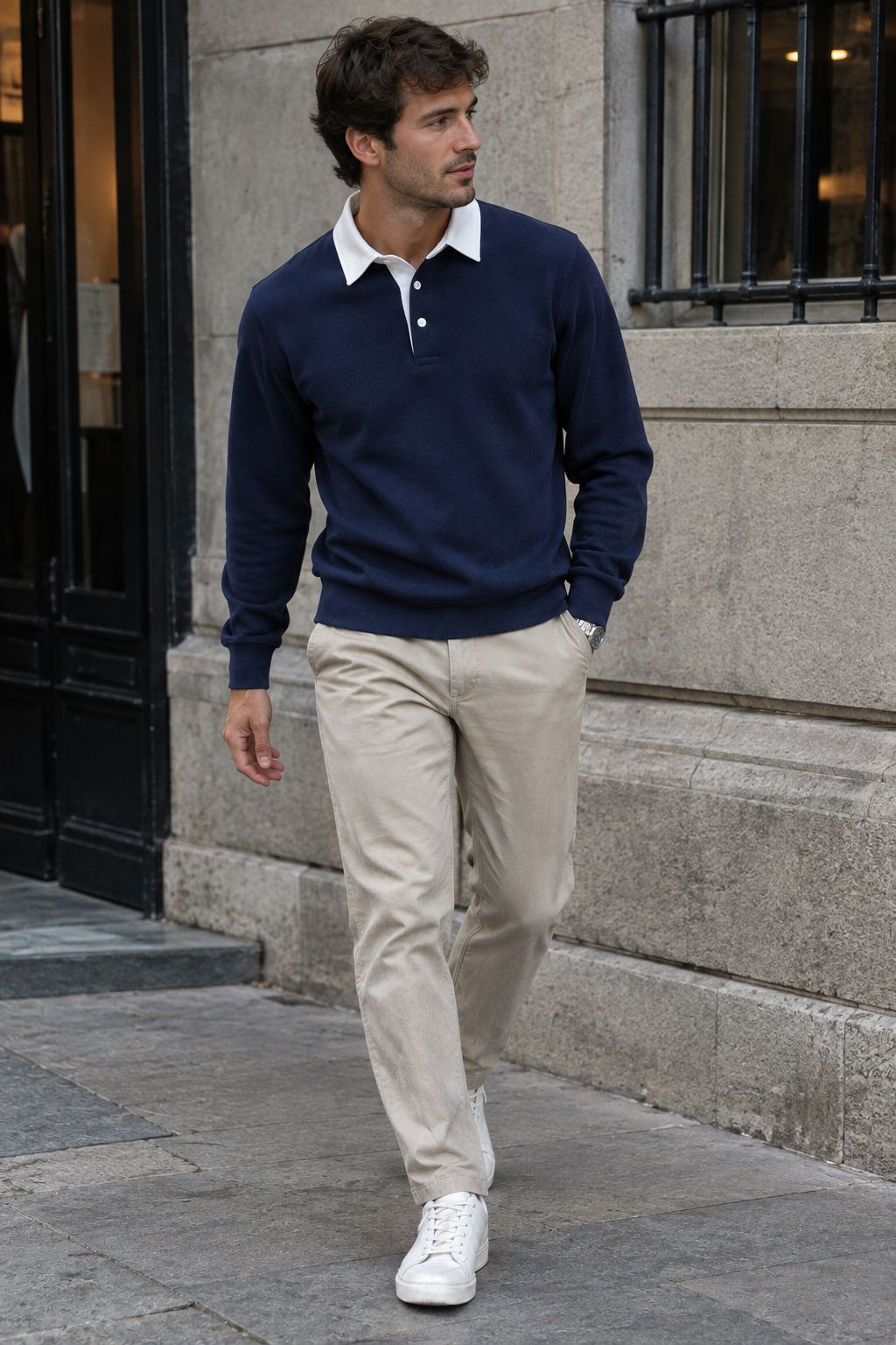 Polo hombre manga larga cuello contraste botonadura corta cuidado otoño - Cassian