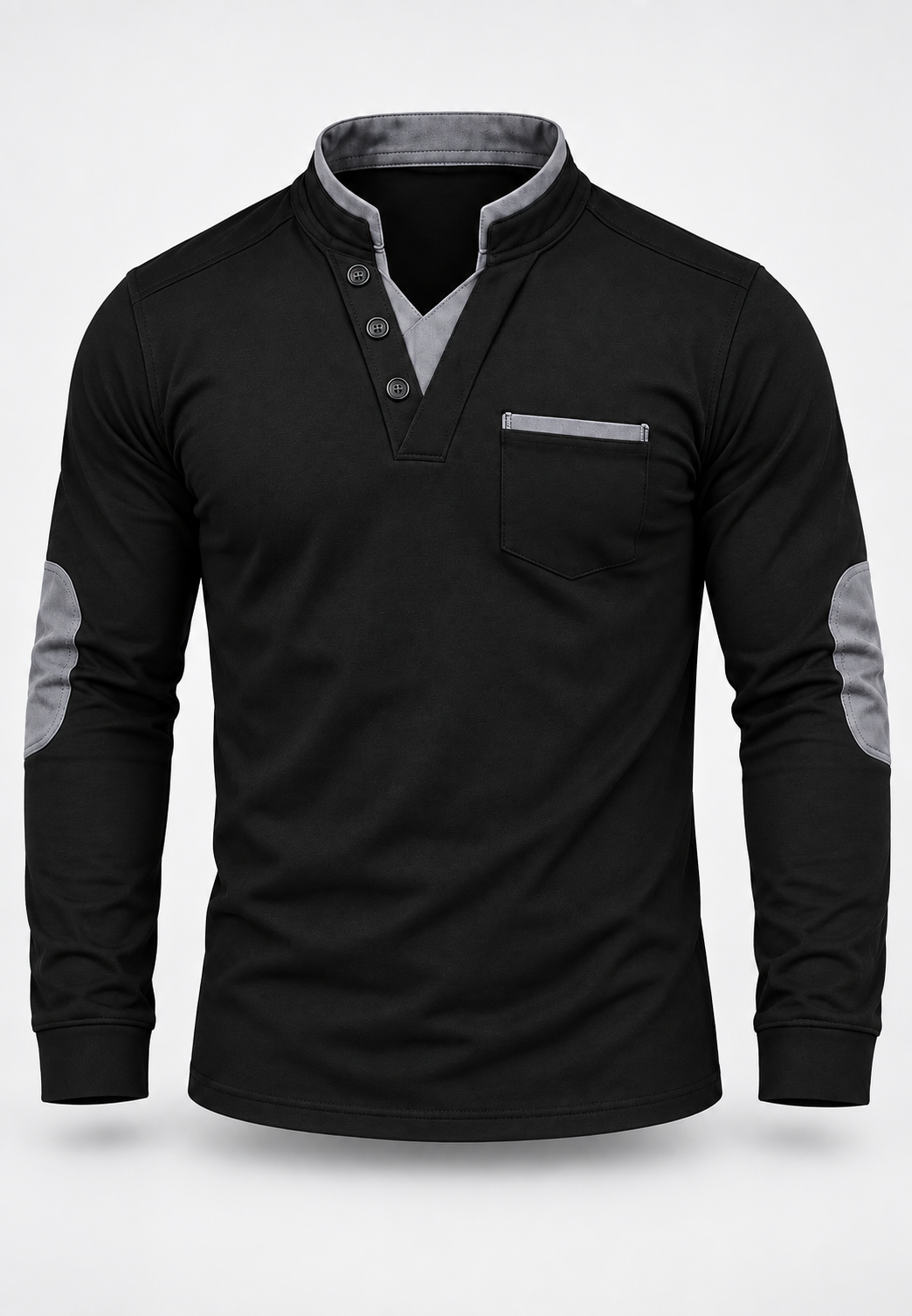 Polo hombre manga larga cuello mao ribetes contraste coderas bolsillo pecho - Corvin