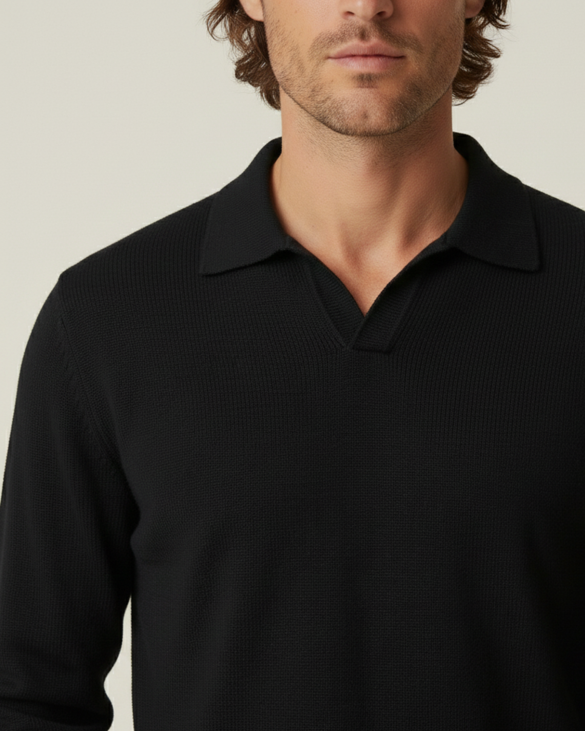 Polo hombre manga larga punto liso cuello abierto escote V otoño versátil - Elian