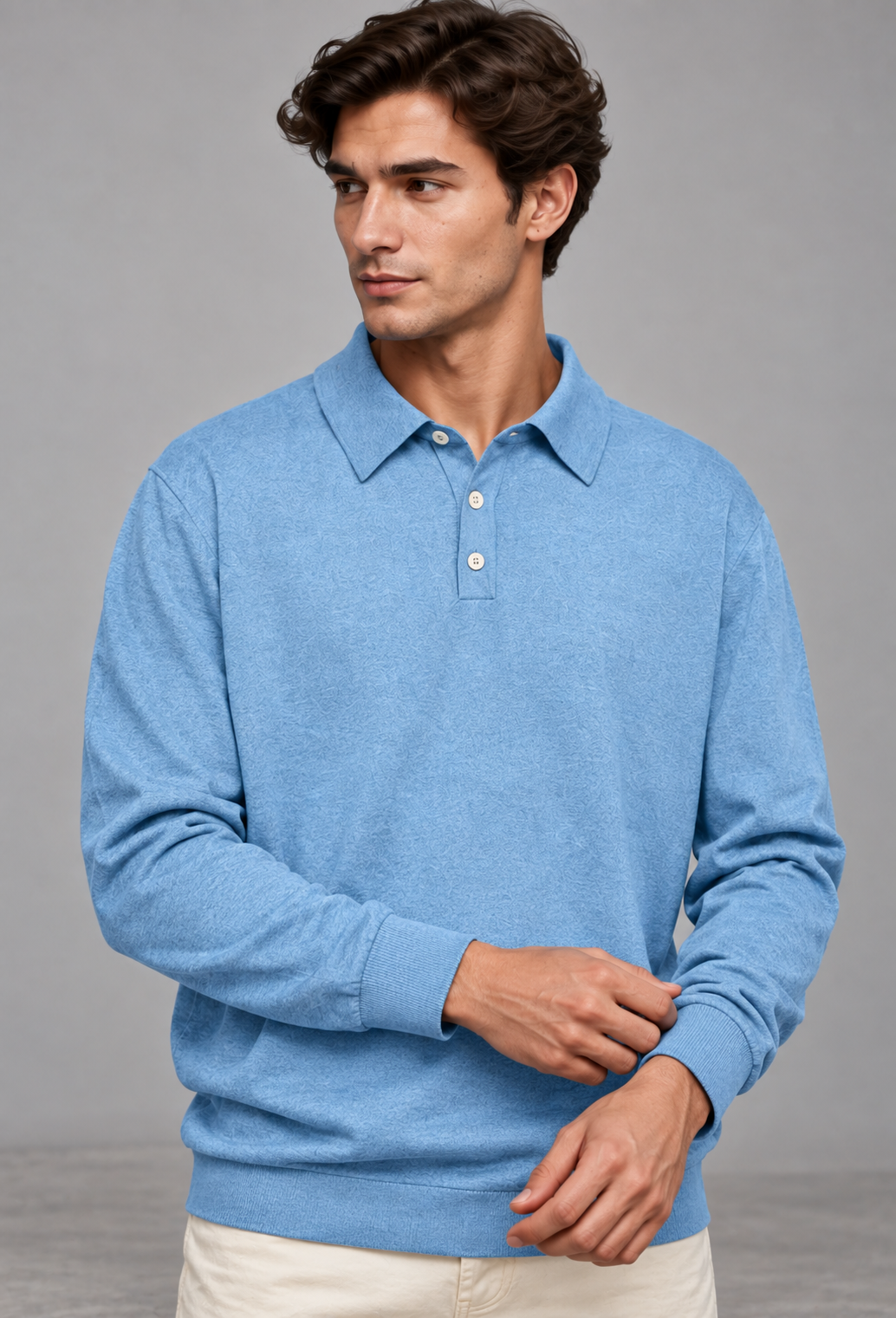 Polo hombre manga larga punto liso cuello clásico tapeta tres botones - Eder