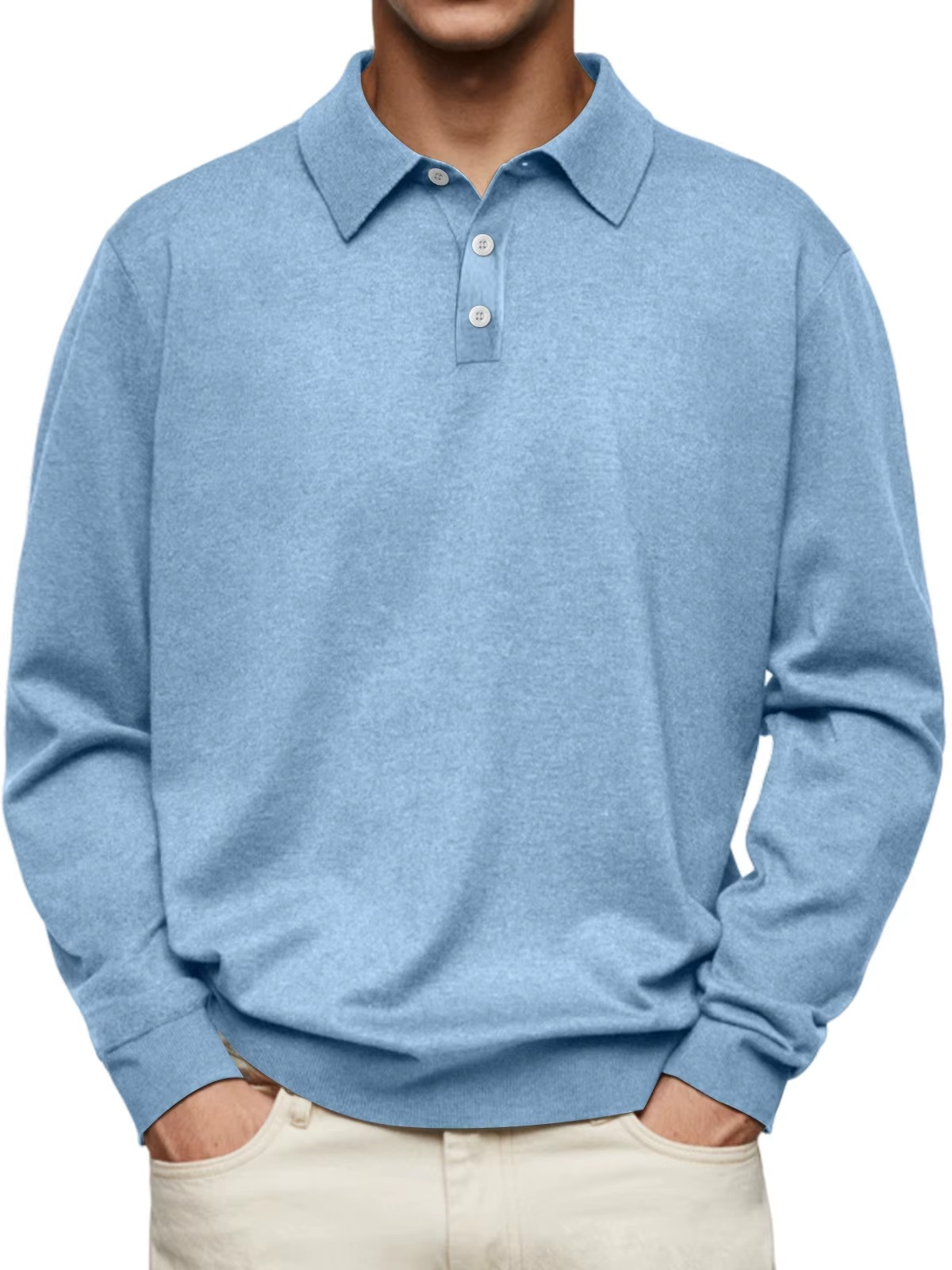Polo hombre manga larga punto liso cuello clásico tapeta tres botones - Eder