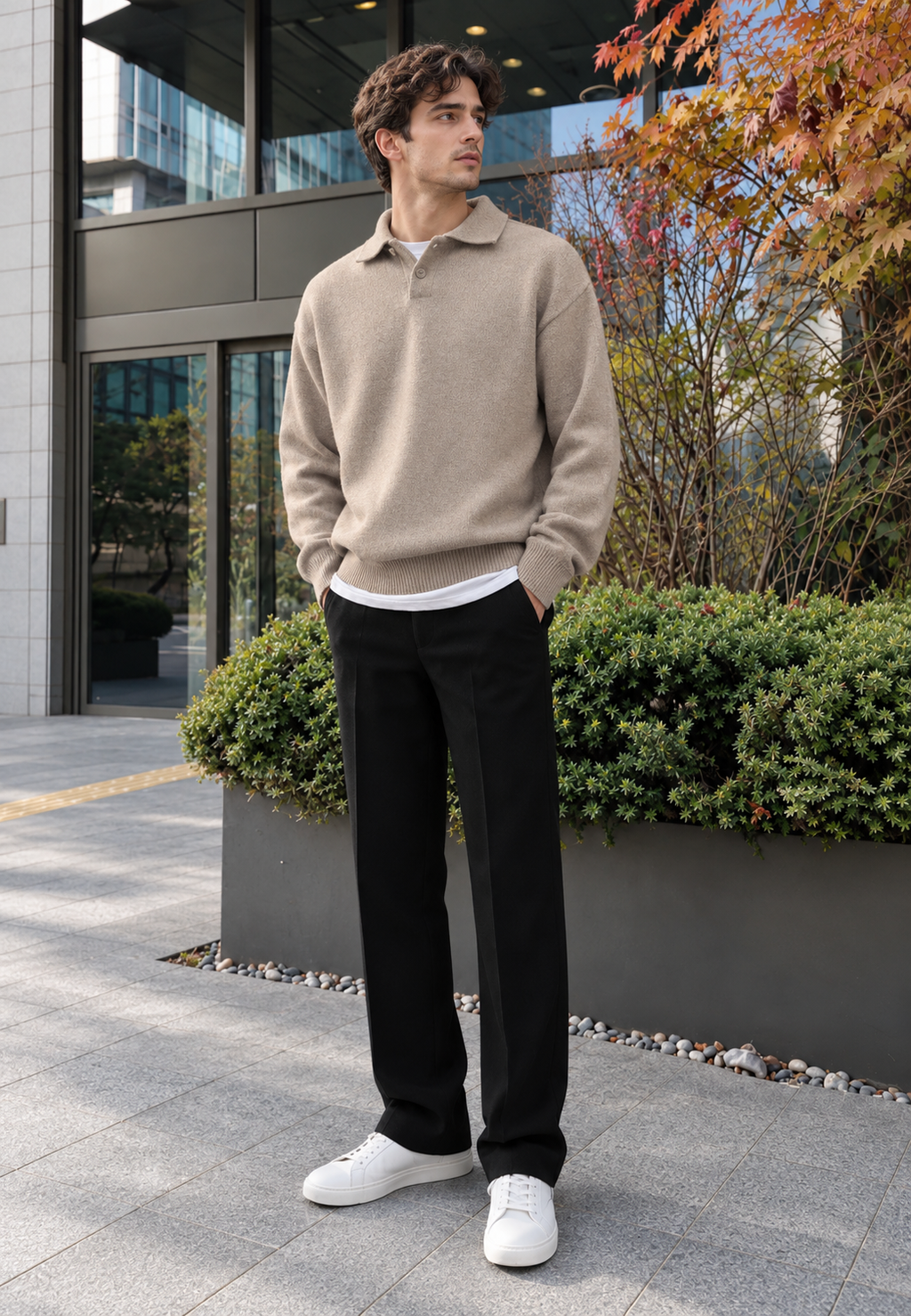 Polo hombre manga larga punto liso cuello clásico tapeta botones otoño - Miro