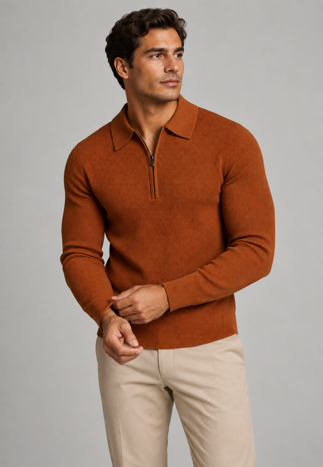Polo hombre punto texturizado media cremallera manga larga cuello clásico - Lior