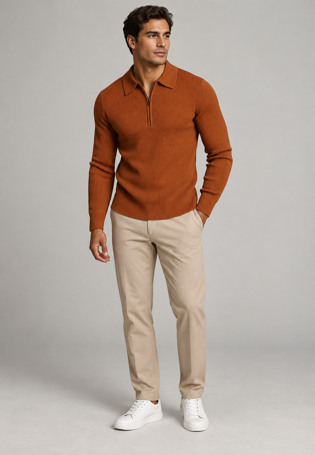 Polo hombre punto texturizado media cremallera manga larga cuello clásico - Lior