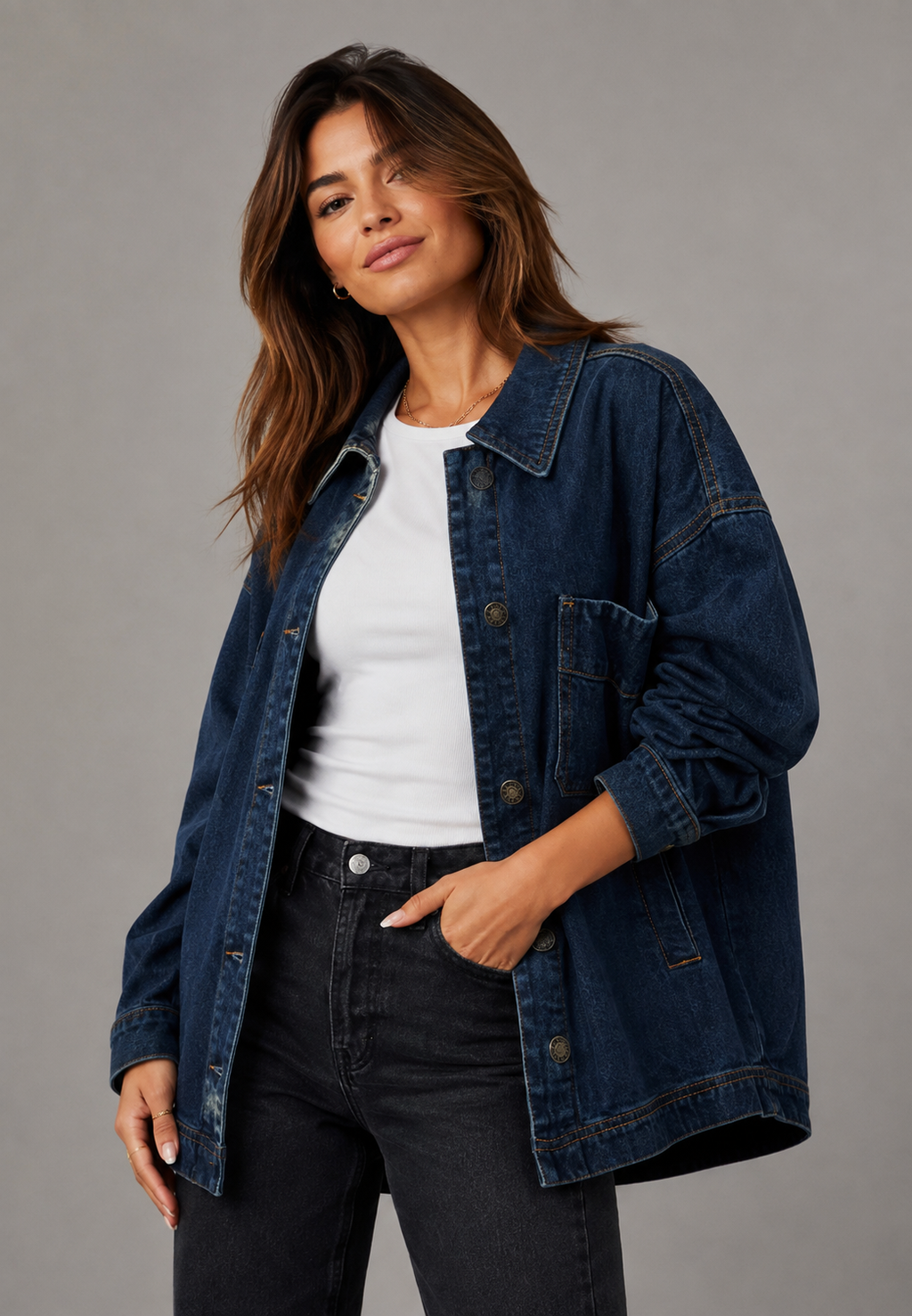 Sobrecamisa vaquera mujer oversize bolsillo frontal efecto lavado denim capa - Nadja